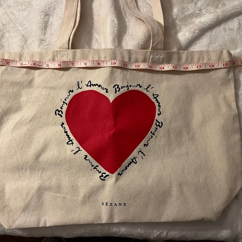 Sezane Mon Amour Red Heart Cotton Canvas Cream Ecru Tote Bag - Picture 4 of 4